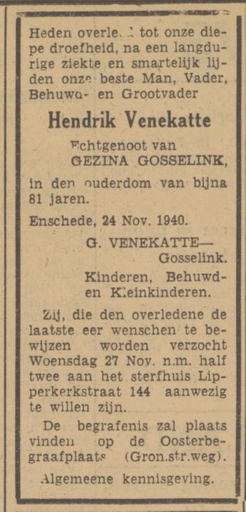 Lipperkerkstraat 144 Hendrik Venekatte advertentie Tubantia 25-11-1940.jpg