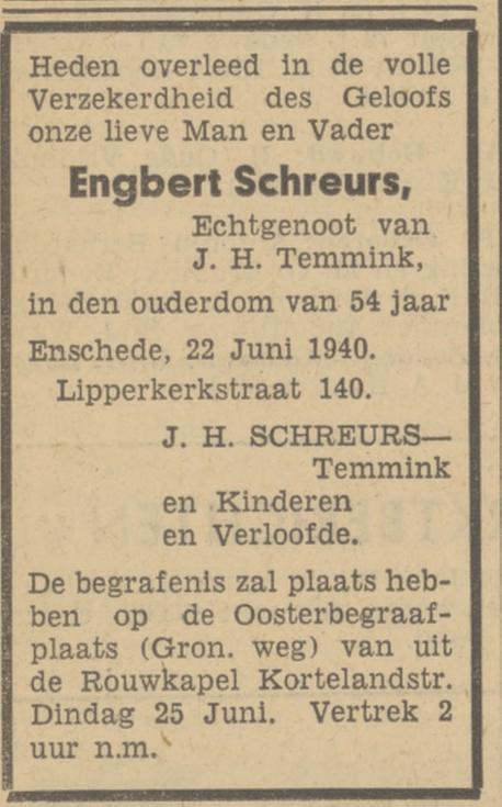 Lipperkerkstraat 140 Engbert Schreurs overlijdensadvertentie Tubantia 22-6-1940.jpg