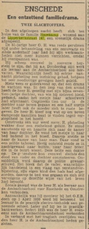 Lipperkerkstraat 147 G.Hazekamp leraar Ambachtsschool krantenbericht Tubantia 30-1-1940.jpg
