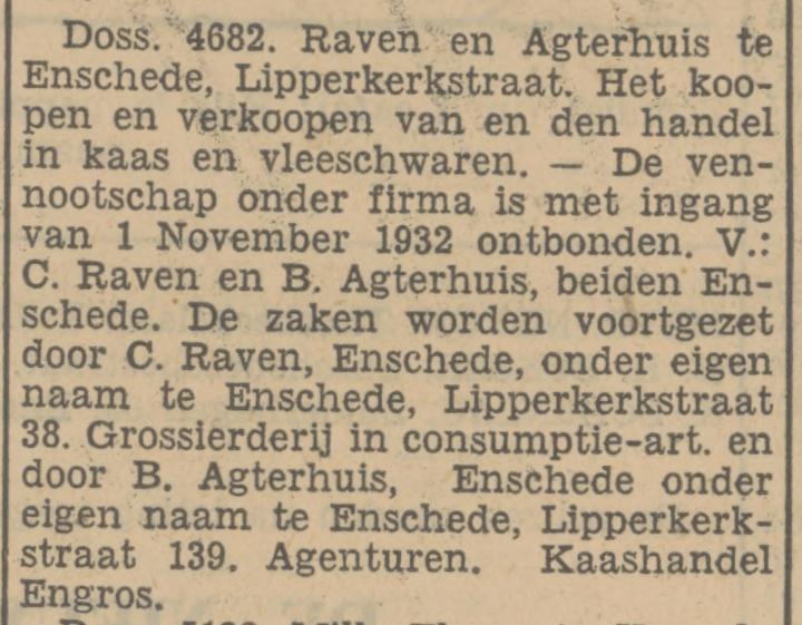 Lipperkerkstraat 38 en 139 kaashandel C. Raven en B. Agterhuis krantenbericht Tubantia 19-11-1932.jpg
