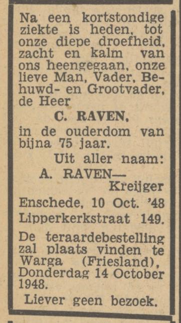 Lipperkerkstraat 149 C.Raven overlijdensadvertentie Tubantia 11-10-1948.jpg