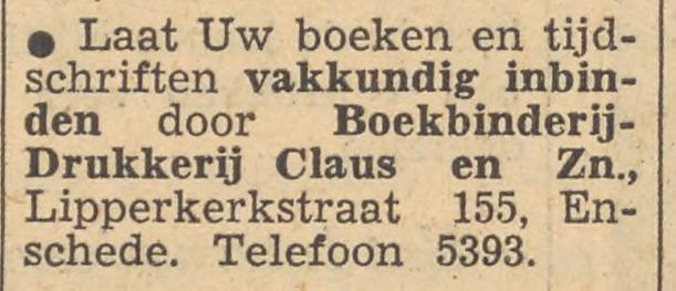 Lipperkerkstraat 155 Boekbinderij Drukkerij Claus en Zn advertentie Tubantia 5-11-1955.jpg