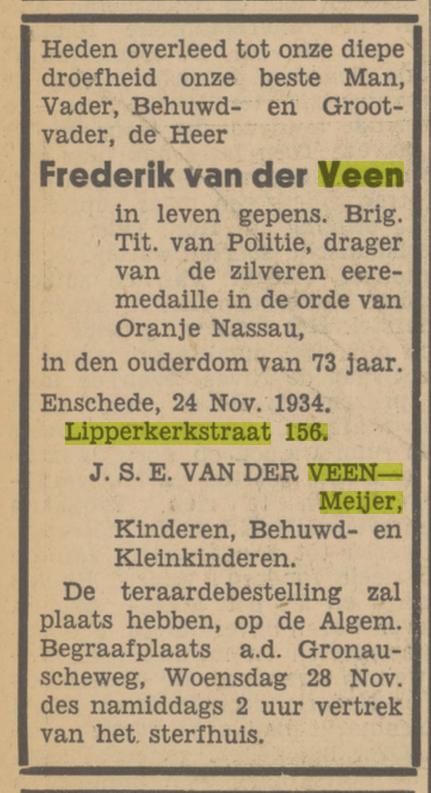 Lipperkerkstraat 156 Frederik van der Veen overlijdensadvertentie Tubantia 26-11-1934.jpg
