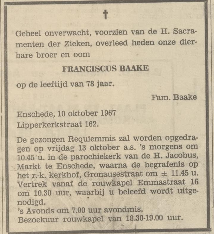 Lipperkerkstraat 162 Franciscus Baake overlijdensadvertentie Tubantia 110-10-1967.jpg