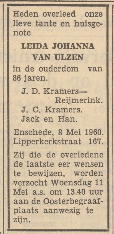 Lipperkerkstraat 167 L.J. van Ulzen overlijdensadvertentie Tubantia 9-5-1960.jpg