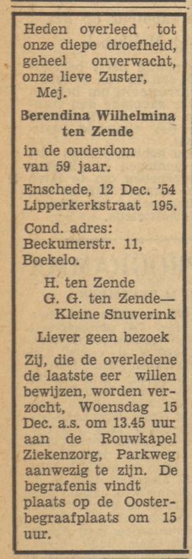 Lipperkerkstraat 195 Mej. B.W. ten Zende overlijdensadvertentie Tubantia 13-12-1954.jpg