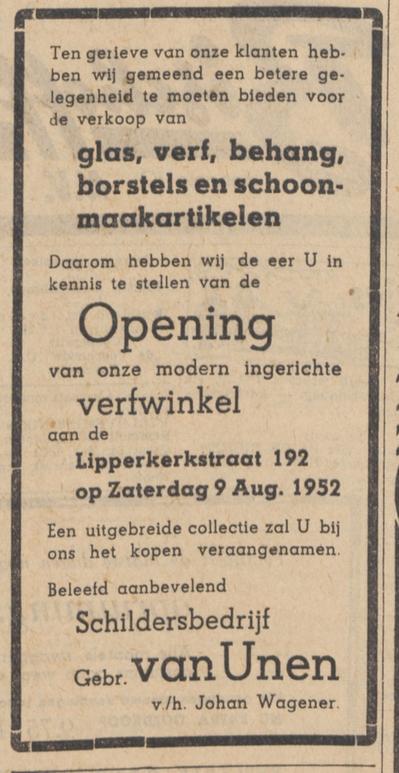 Lipperkerkstraat 192 schildersbedrijf Gebr. van Unen advertentie Tubantia 8-8-1952.jpg