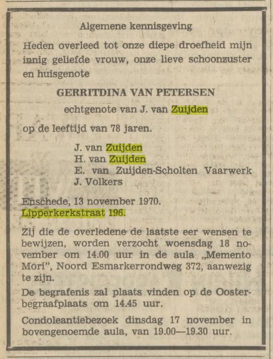 Lipperkerkstraat 196 G. van Zuijden-van Petersen overlijdensadvertentie Tubantia 14-11-1970.jpg