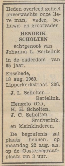 Lipperkerkstraat 206 Hendrik Scholten overlijdensadvertentie Tubantia 19-8-1960.jpg