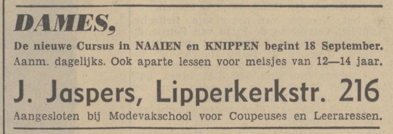 Lipperkerkstraat 216 J.Jaspers coupeuse advertentie Tubantia 9-9-1939.jpg