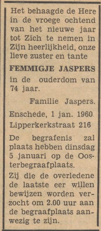 Lipperkerkstraat 216 Femmigje Jaspers overlijdensadvertentie Tubatia 2-1-1960.jpg