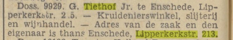 Lipperkerkstraat 213 kruidenierswinkel slijterij wijnhandel G.Tiethof krantenbericht Tubantia 20-3-1939.jpg