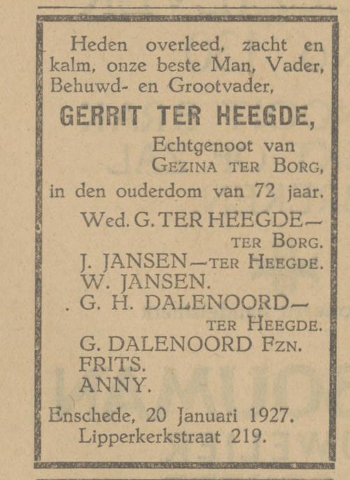 Lipperkerkstraat 219 Gerrit ter Heegde overlijdensadvertentie Tubantia 20-1-1927.jpg