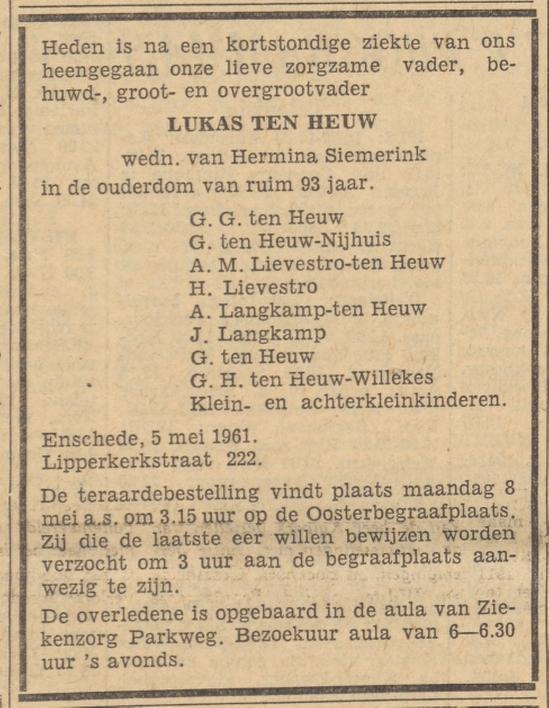 Lipperkerkstraat 222 Lukas ten Heuw overlijdensadvertentie Tubantia 6-5-1961.jpg