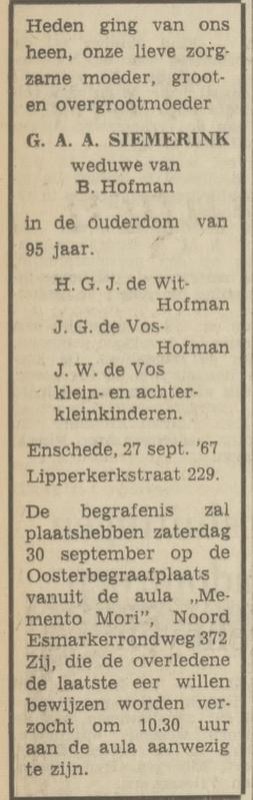 Lipperkerkstraat 229 Wed. G.A.A.Hofman-Siemerink overlijdensadvertentie Tubantia 28-9-1963.jpg