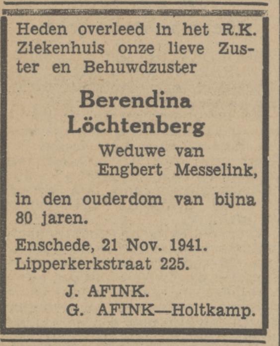 Lipperkerkstraat 225 Wed. B.Messelink-Löchtenberg overlijdensadvertentie Tubantia 22-11-1941.jpg