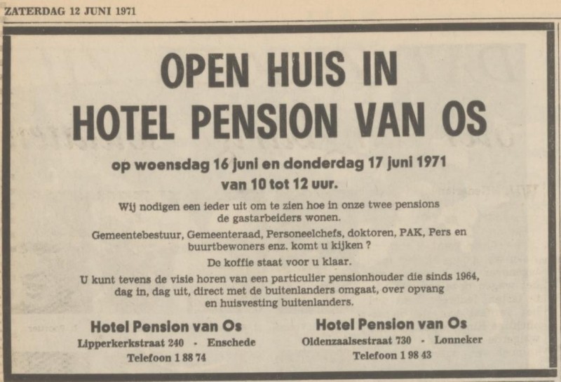 Lipperkerkstraat 240 Oldenzaalsestraat 730 Lonneker Hotel Pension van Os advertentie Tubantia 12-6-1971.jpg