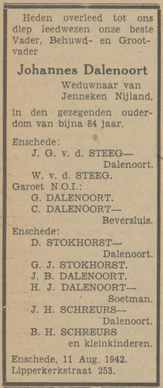 Lipperkerkstraat 253 Johannes Dalenoort overlijdensadvertentie Tubantia 12-8-1942.jpg