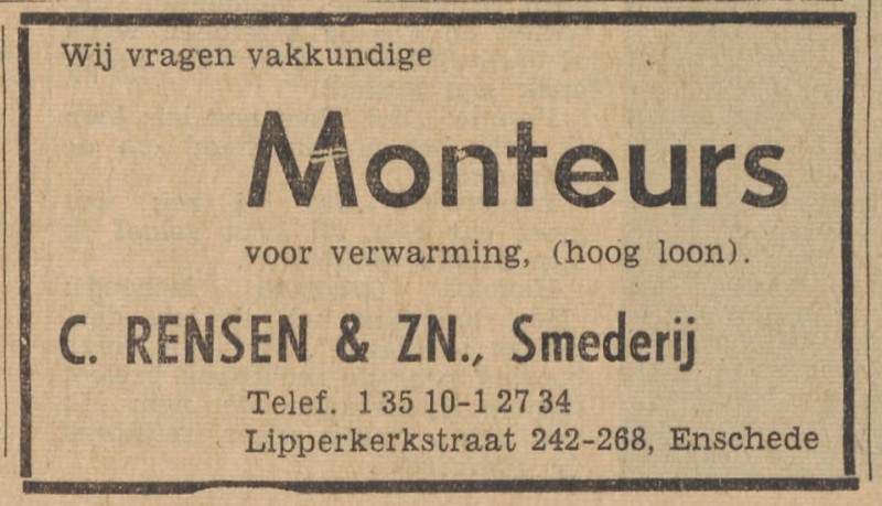 Lipperkerkstraat 242-268 smederij C. Rensen & Zn advertentie Tubantia 28-3-1963.jpg