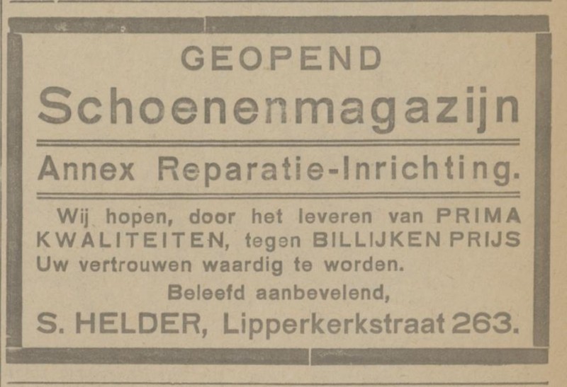 Lipperkerkstraat 263 S.Helder schoenenmagazijn annex reparatieinrichting advertentie Tubantia 16-5-1924.jpg