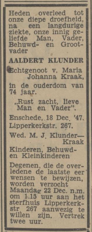 Lipperkerkstraat 267 A.Klunder overlijdensadvertentie Tubantia 19-12-1947.jpg