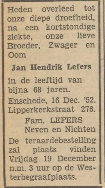 Liperkerkstraat 276 J.H.Lefers overlijdensadvertentie Tubantia 18-12-1952.jpg
