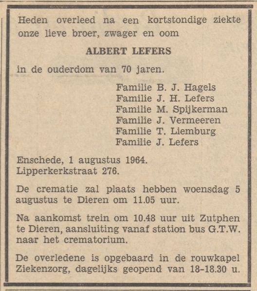 Lipperkerkstraat 276 A.Lefers overlijdensadvertentie Tubantia 3-8-1964.jpg