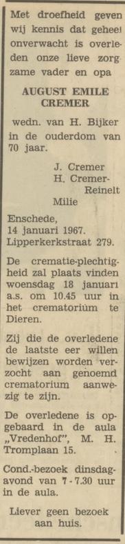 Lipperkerkstraat 279 A.E.Cremer overlijdensadvertentie Tubantia 16-1-1967.jpg