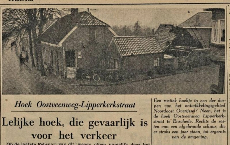 Lipperkerkstraat 283-285-287 en 289 hoek Oostveenweg 38 krantenfoto 19-12-1955 met rechts afgebrande schuur J.H.Stroot Oostveenweg.jpg