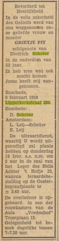 Lipperkerkstraat 289 G.Schròer-Pit overlijdensadvertentie Rubantia 10-2-1958.jpg