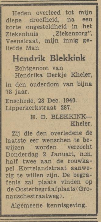 Lipperkerkstraat 287 Hendrik Blekkink overlijdensadvertentie Tubantia 30-12-1940.jpg