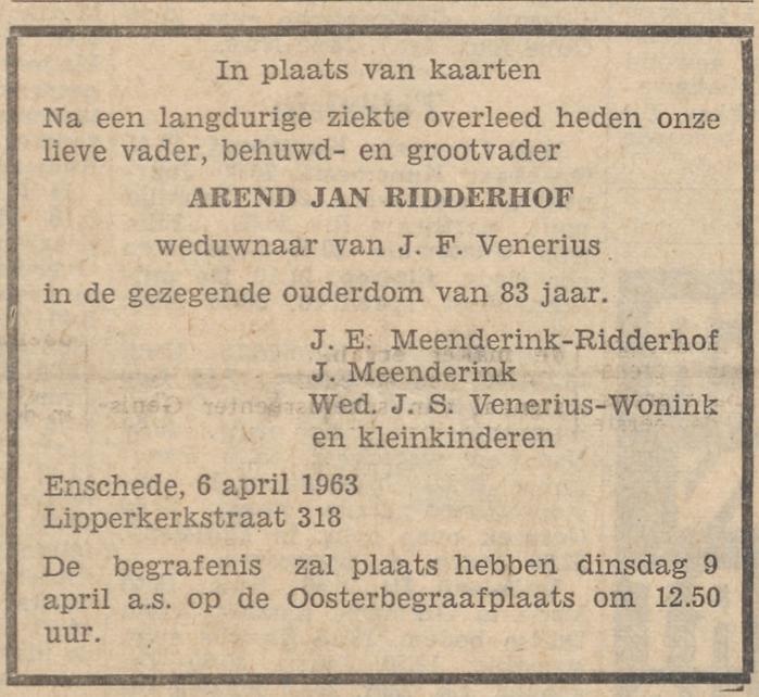 Lipperkerkstraat 318 A.J.Ridderhof overlijdensadvertentie Tubantia 8-4-1963.jpg