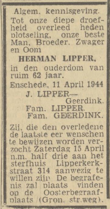 Lipperkerkstraat 314 Herman Lipper overlijdensadvertentie Twentsch nieuwsblad 13-4-1944.jpg