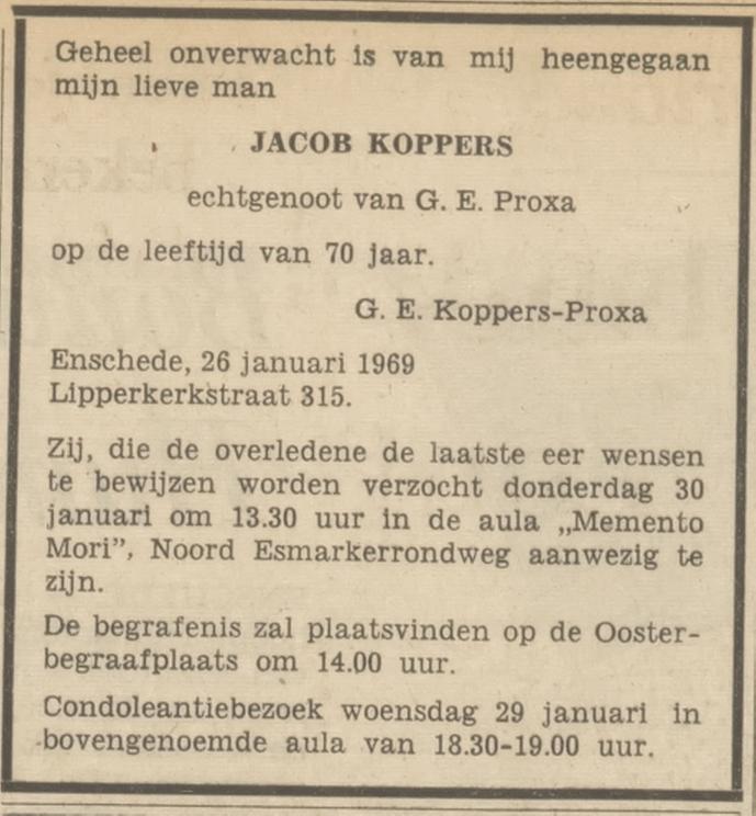 Lipperkerkstraat 315 Jacob Koppers overlijdensadvertentie Tubantia 28-1-1969.jpg