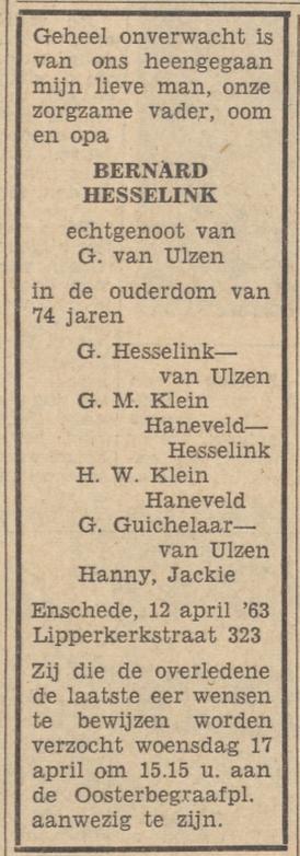 Lipperkerkstraat 323 Bernard Hesselink overlijdensadvertentie Tubantia 16-4-1963.jpg