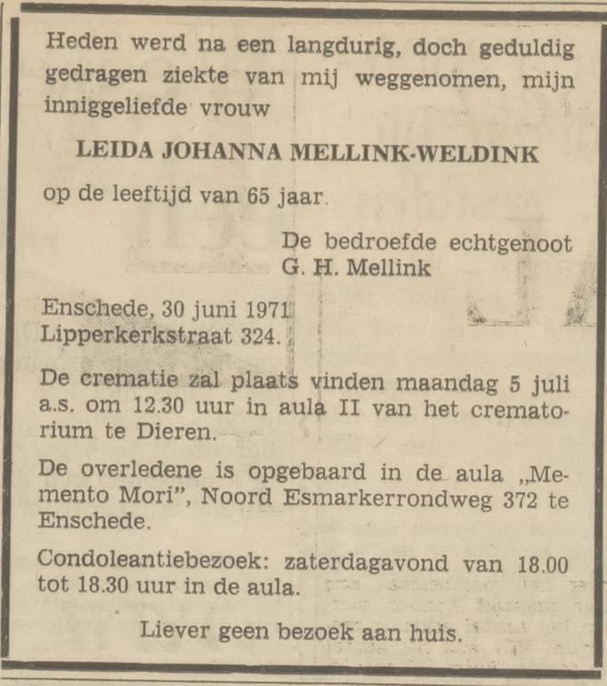 Lipperkerkstraat 324 L.J.Mellink-Weldink overlijdensadvertentie Tubantia 1-7-1971.jpg
