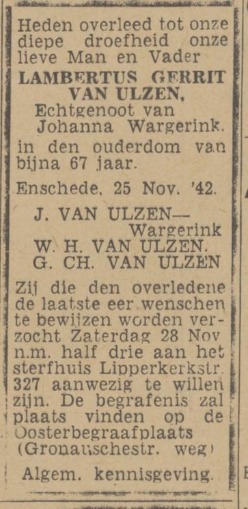Lipperkerkstraat 327 J.G. van Ulzen overlijdensadvertentie Tubantia 26-11-1942.jpg