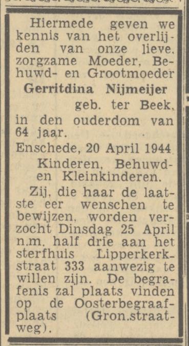 Lipperkerkstraat 333 G.Nijmeijer-ter Beek overlijdensadvertentie Twentsch nieuwsblad 22-4-1944.jpg