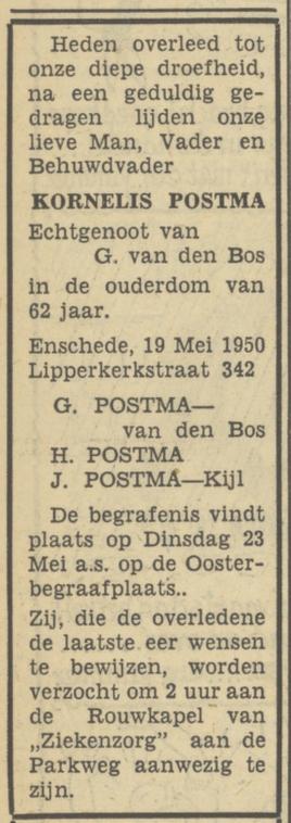 Lipperkerkstraat 342 Kornelis Postma overlijdensadvertentie Tubantia 20-5-1950.jpg