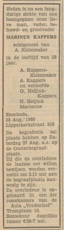 Lipperkerkstraat 358 M.Kappers overlijdensadvertentie Tubantia 24-8-1960.jpg