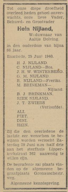 Lipperkerkstraat 362 Hein Nijland overlijdensadvertentie Tubantia 25-6-1940.jpg