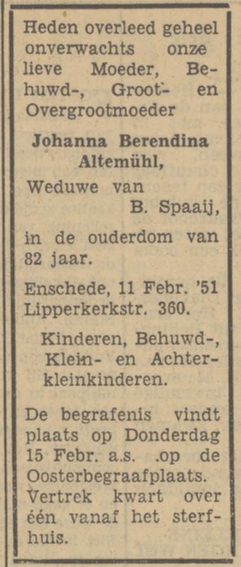 Lipperkerkstraat 360 Wed. J.B.Spaaij-Altemühl overlijdensadvertentie 12-2-1951.jpg