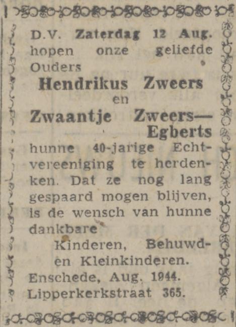 Lipperkerkstraat 365 Hendrikus Zweers advertentie Twentsch nieuwsblad 9-8-1944.jpg