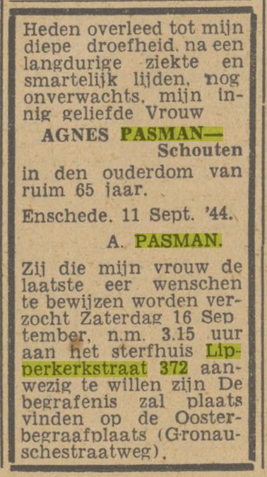 Lipperkerkstraat 372 A.Pasman-Schouten overlijdensadvertentie Twentsch nieuwsblad 12-9-1944.jpg