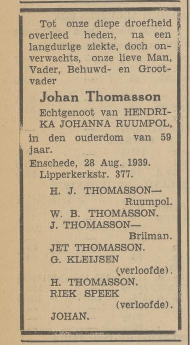 Lipperkerkstraat 377 Johan Thomasson overlijdensadvertentie Tubantia 29-8-1939.jpg