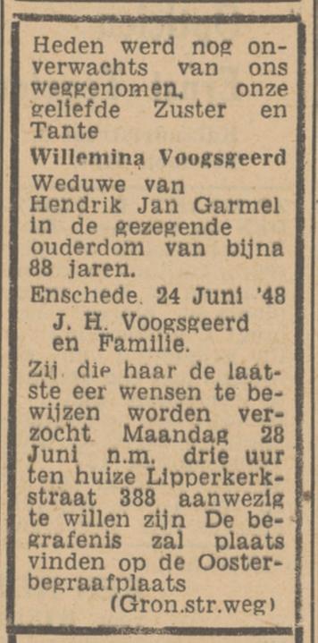 Lipperkerkstraat 388 Wed. W.Garmel-Voogsgeerd overlijdensadvertentie Tubantia 25-6-1948.jpg