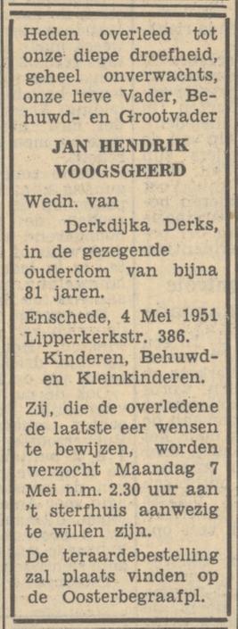 Lipperkerkstraat 386 J.H.Voogsgeerd overlijdensadvertentie Tubantia 4-5-1951.jpg