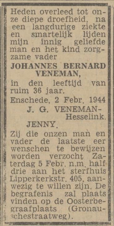 Lipperkerkstraat 405 J.B. Veneman overlijdensadvertentie Twentsch nieuwsblad 3-2-1944.jpg