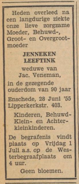 Lipperkerkstraat 403 Wed. J.Veneman-Leeftink overlijdensadvertentie Tubantia 29-6-1955.jpg