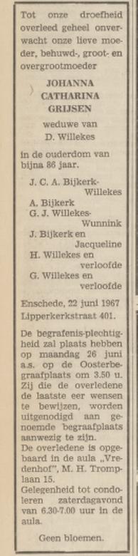 Lipperkerkstraat 401 Wed. J.C.Willekes-Grijsen overlijdensadvertentie Tubantia 23-6-1967.jpg